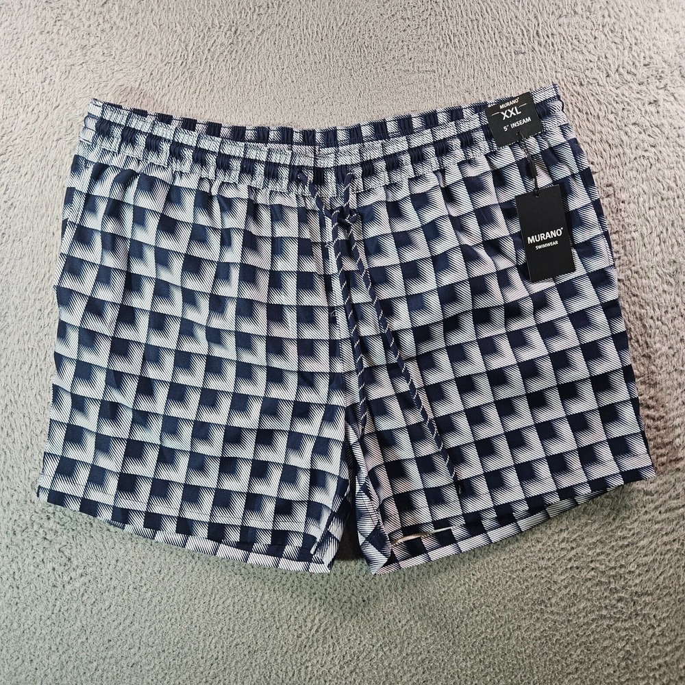 NWT Murano Swim Shorts Trunks Men XXL 5" Inseam Lined‎ Geometric White Navy Blue